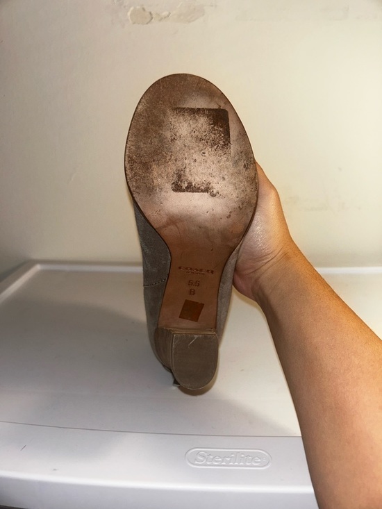 Coach Suede Peep Toe Ankle Booties Size 5.5 Brown Block Heel - Picture 5 of 6